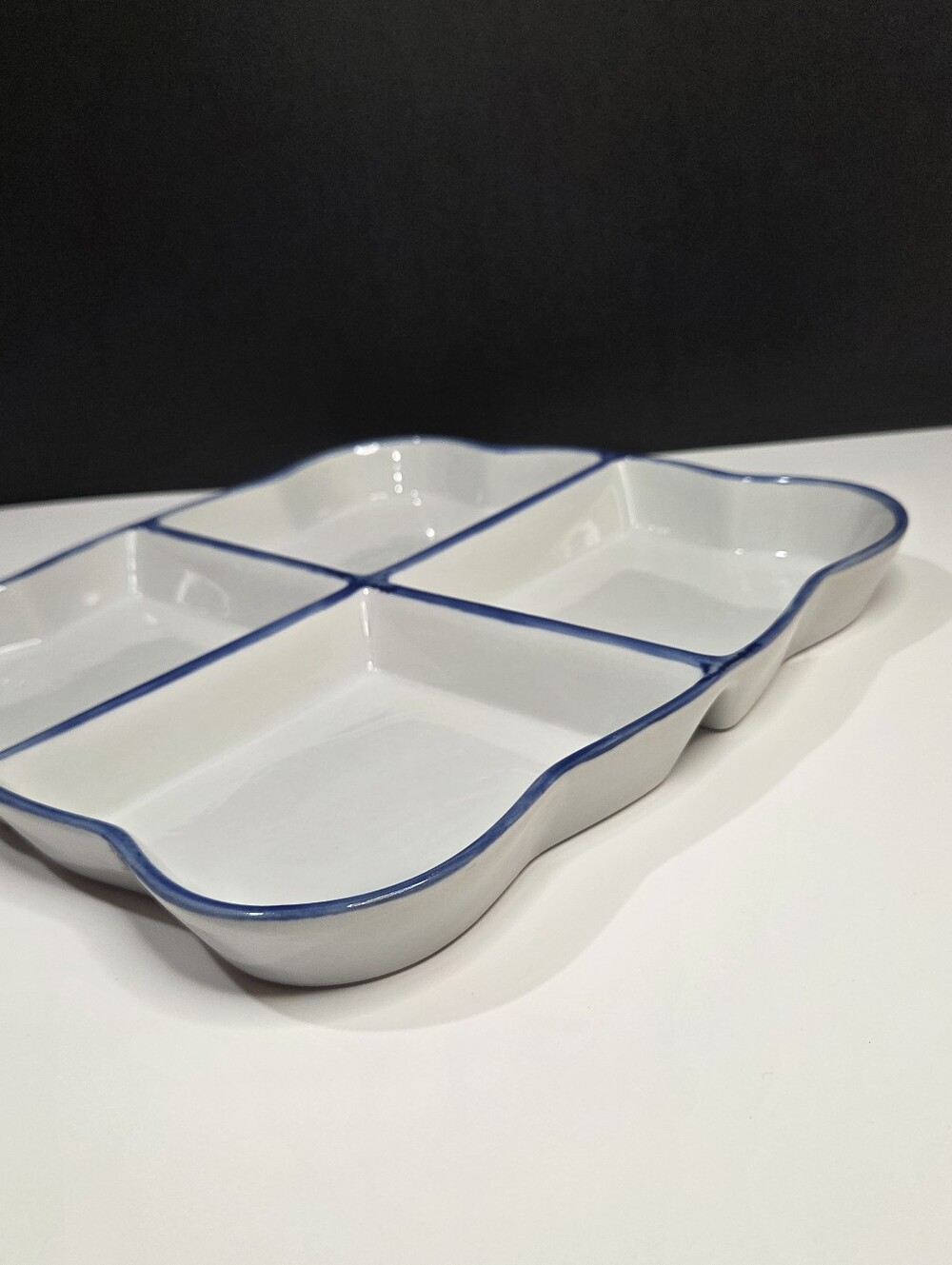 Julia Elizabeth Gourmet Divided Ceramic Serving Dish Tray White Blue Scalloped